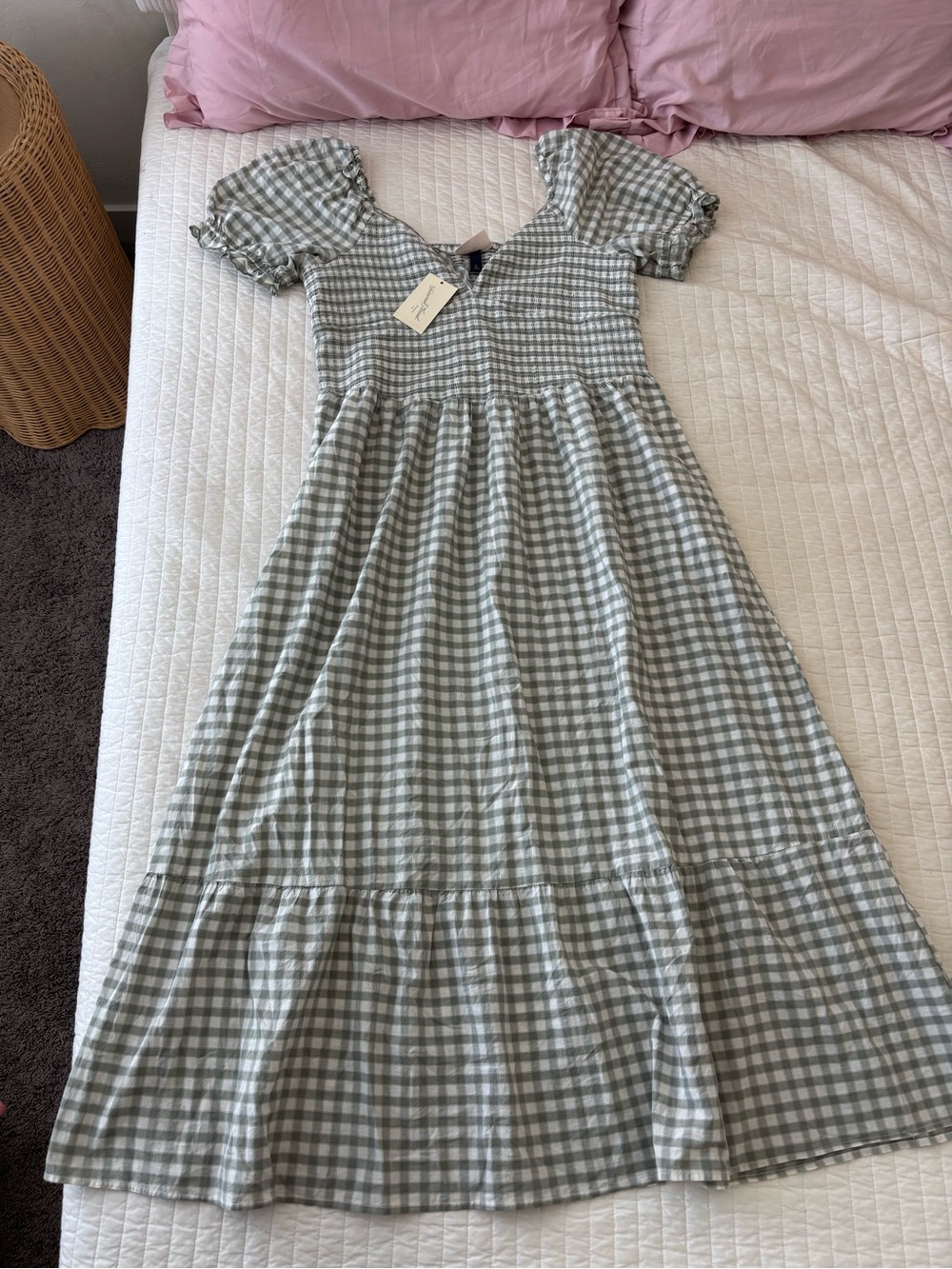 Sage Green Gingham Maxi Dress with Puff Sleeves